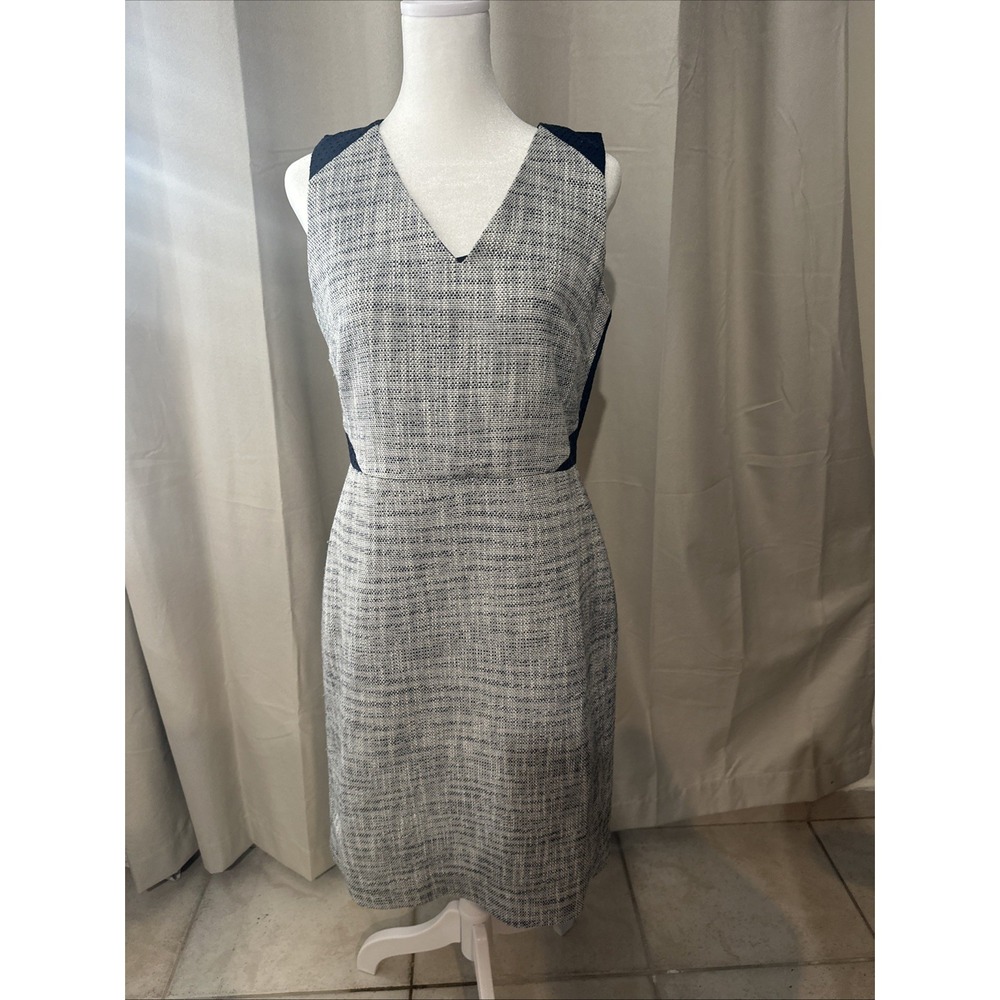 J Crew Blue Eyelet Lace Tweed Contrast V Neck Sheath Dress SIZE 6
